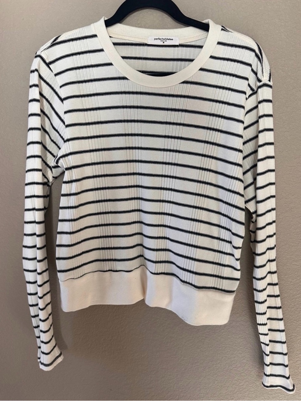 Perfect White Tee Stef Long Sleeve Boxy Tee in Sugar & Black Stripe Size Medium - Picture 2 of 5